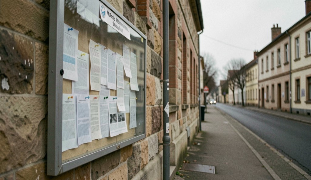 Un panneau d’affichage municipal vitré fixé sur un mur de pierre, feuilles imprimées punaisées à l’intérieur, rue vide, lumière grise du matin, plan large.
