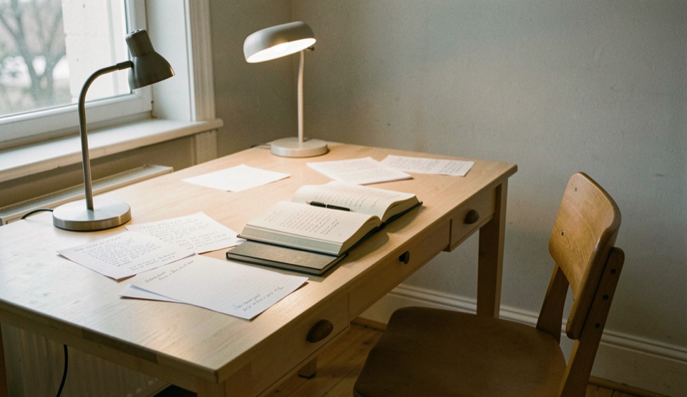 Une table de rédaction en bois clair portant des feuilles annotées, un carnet ouvert et une lampe éteinte, chaise vide, lumière du matin, plan large.