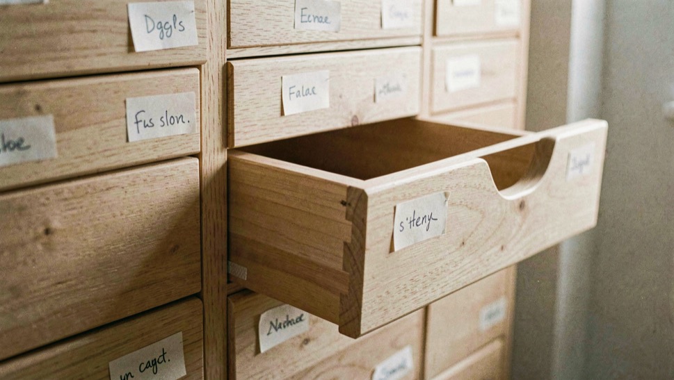 Un meuble à tiroirs en bois clair avec des étiquettes manuscrites sur chaque poignée, un tiroir entrouvert, lumière latérale douce, plan serré.