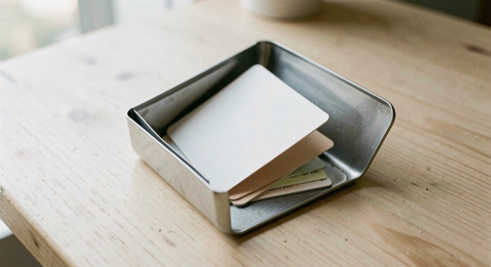 Un porte-cartes métallique ouvert posé sur une table en bois clair, quelques cartes vierges dedans, lumière naturelle de côté, plan serré.