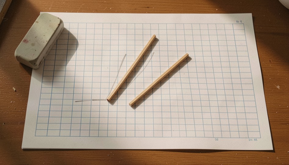 Des bâtonnets de comptage tracés au crayon sur une feuille quadrillée posée à plat, gomme au coin du cadre, lumière rasante, vue de dessus.