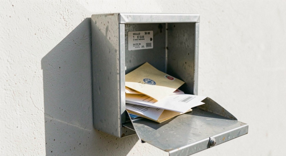 Une boîte aux lettres métallique ouverte contenant quelques enveloppes, mur extérieur clair, lumière directe de fin de matinée, plan serré.