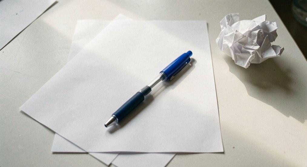 Une feuille blanche vierge posée sur une table claire, un stylo bleu en travers, boule de papier froissé à côté, lumière du matin, vue de dessus.
