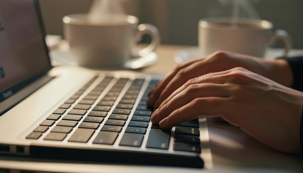 Un clavier vu de très près, deux mains posées au repos sur les touches, une tasse fumante dans le flou au premier plan, lumière tamisée du soir.