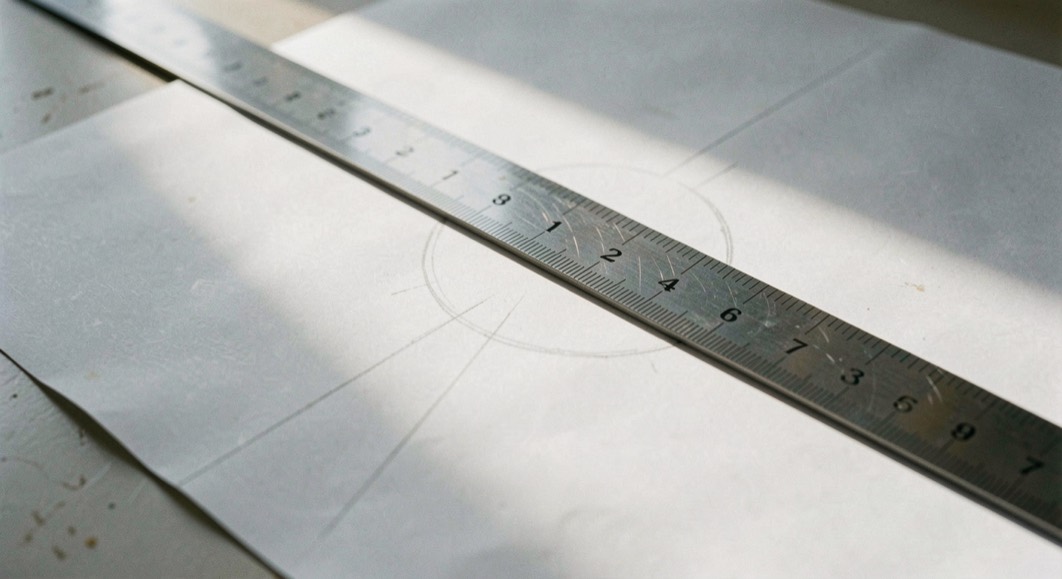 Un réglet métallique gradué posé en diagonale sur une grande feuille blanche, un repère tracé au crayon, lumière rasante qui révèle l’épaisseur du papier.