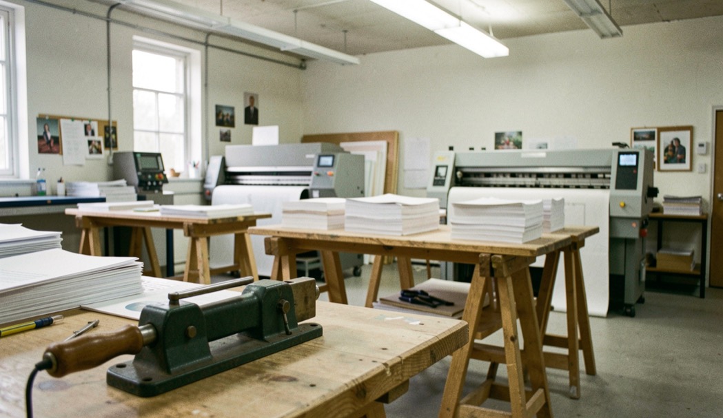 Un atelier d’impression vu en plan large, un massicot au premier plan et des piles de feuilles posées sur des tréteaux, lumière blanche de plafonnier, 28 mm.