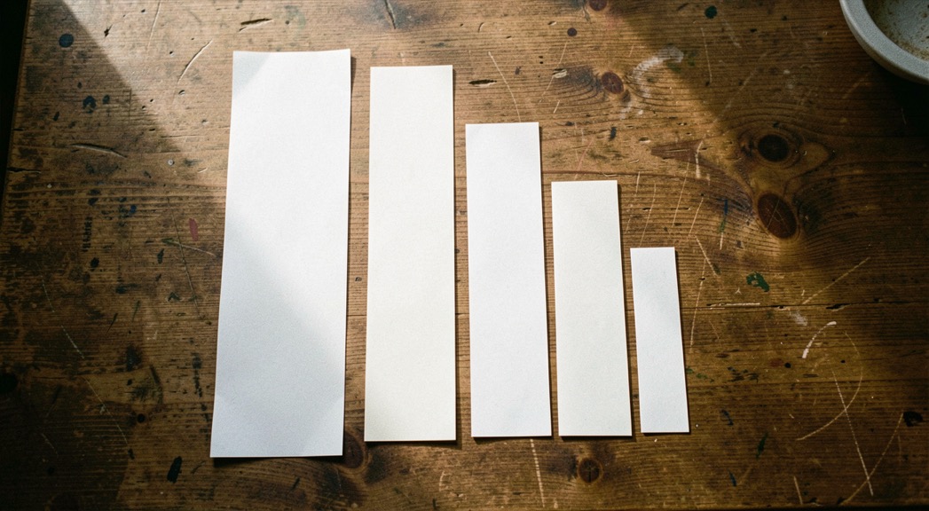 Des rectangles de papier découpés et disposés verticalement sur une table, ordonnés du plus grand au plus petit, lumière rasante, vue de dessus.