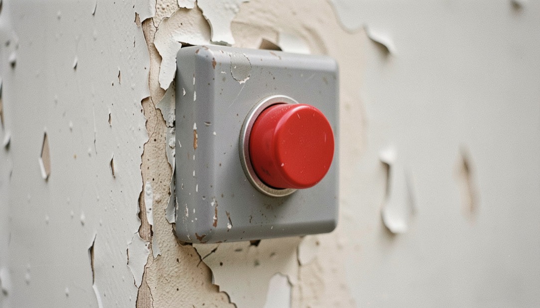 Un bouton-poussoir métallique rouge encastré dans un boîtier gris fixé au mur, peinture écaillée, lumière directe, macro légèrement de biais.