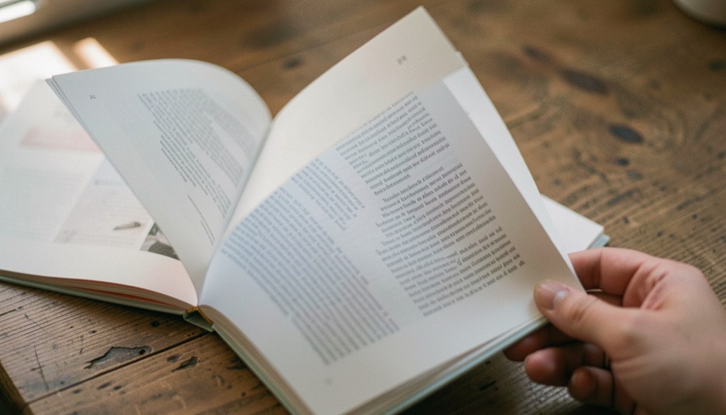 Des pages intérieures d’une brochure agrafée feuilletées par une main, colonnes de texte floues, table de bois, lumière latérale, plan serré.