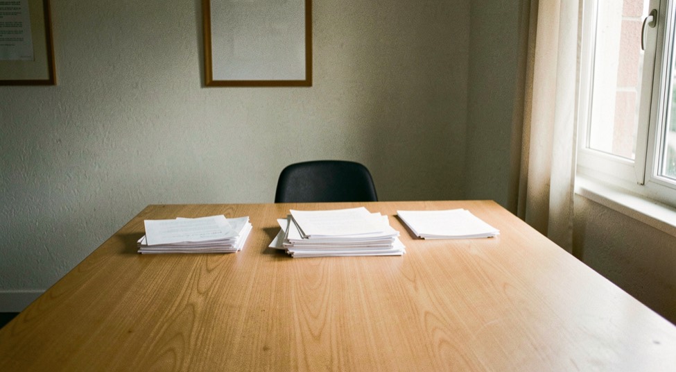 Une grande table de travail claire vue de loin, des papiers étalés en trois piles et une chaise vide, lumière du matin traversant une fenêtre à droite, 35 mm.