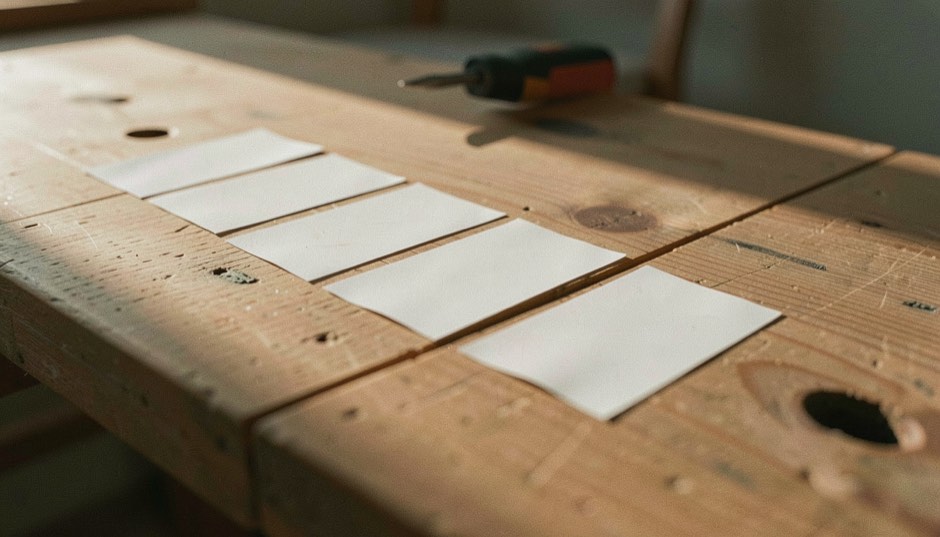 Des étiquettes autocollantes vierges alignées sur une planche de bois, lumière rasante du soir, plan serré.