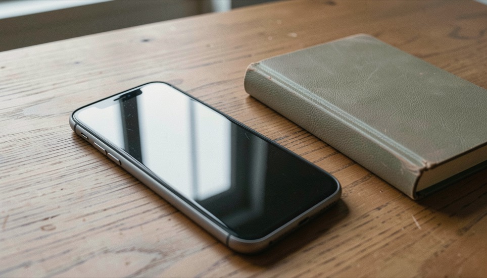 Un téléphone posé écran éteint sur une table de bois à côté d’un carnet fermé, reflet de fenêtre sur la vitre, lumière douce, macro de biais.