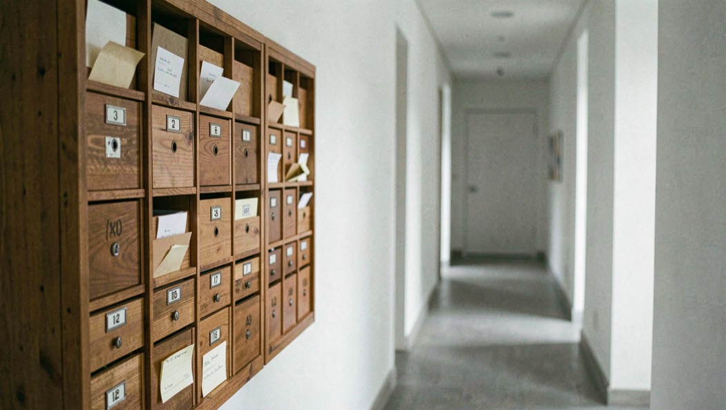 Un casier à courrier mural en bois avec des cases numérotées et quelques plis glissés dedans, couloir sobre, lumière naturelle latérale, plan large.