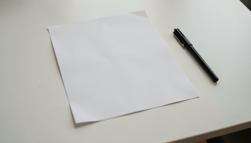 Un formulaire papier vierge posé à plat sur une table blanche à côté d’un stylo noir, cadrage de dessus, lumière douce et diffuse.
