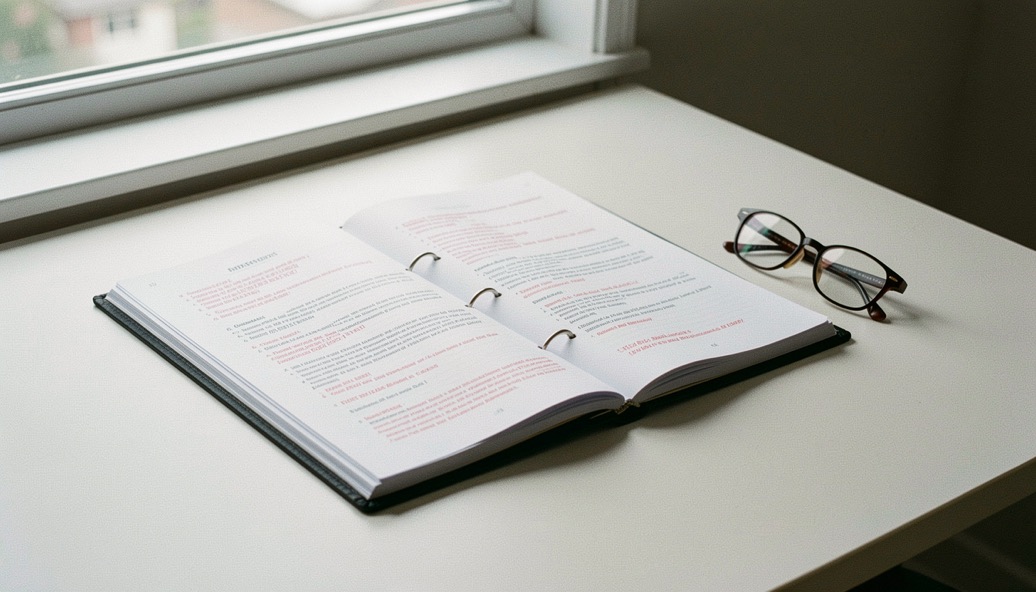 Un classeur ouvert sur des feuilles imprimées annotées au stylo rouge, posé sur un bureau clair à côté d’une paire de lunettes, lumière de fenêtre, plan large.