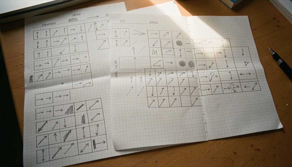 Des feuilles quadrillées couvertes de blocs dessinés au crayon et de flèches, posées à plat sur une table, lumière douce et rasante, vue de dessus.